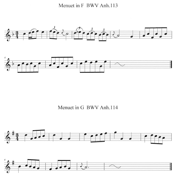 参考：「アンナ・マグダレーナ・バッハの音楽帳」から「メヌエット ヘ長調 BWV.Anh.113」および「メヌエット ト長調 BWV.Anh.114」の冒頭旋律